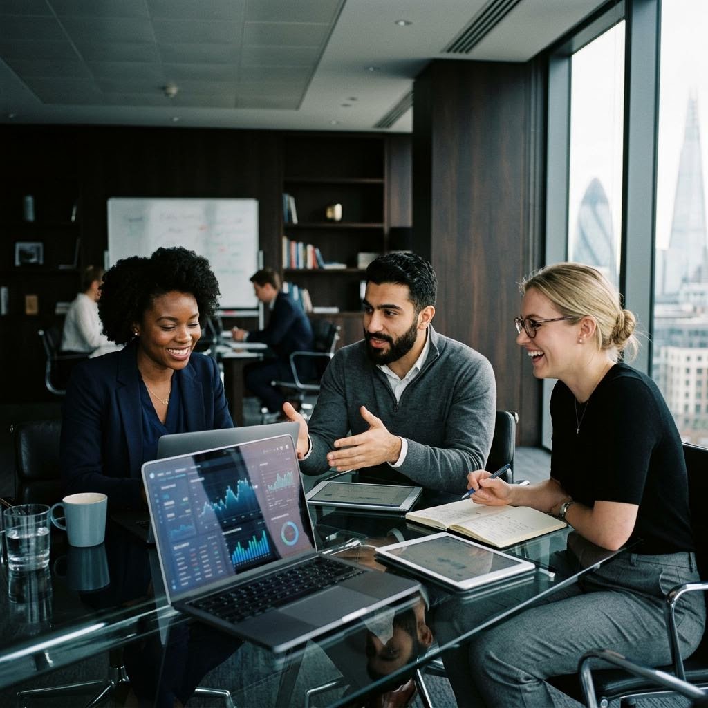 Team di ingegneri fintech durante il monitoraggio di mercato